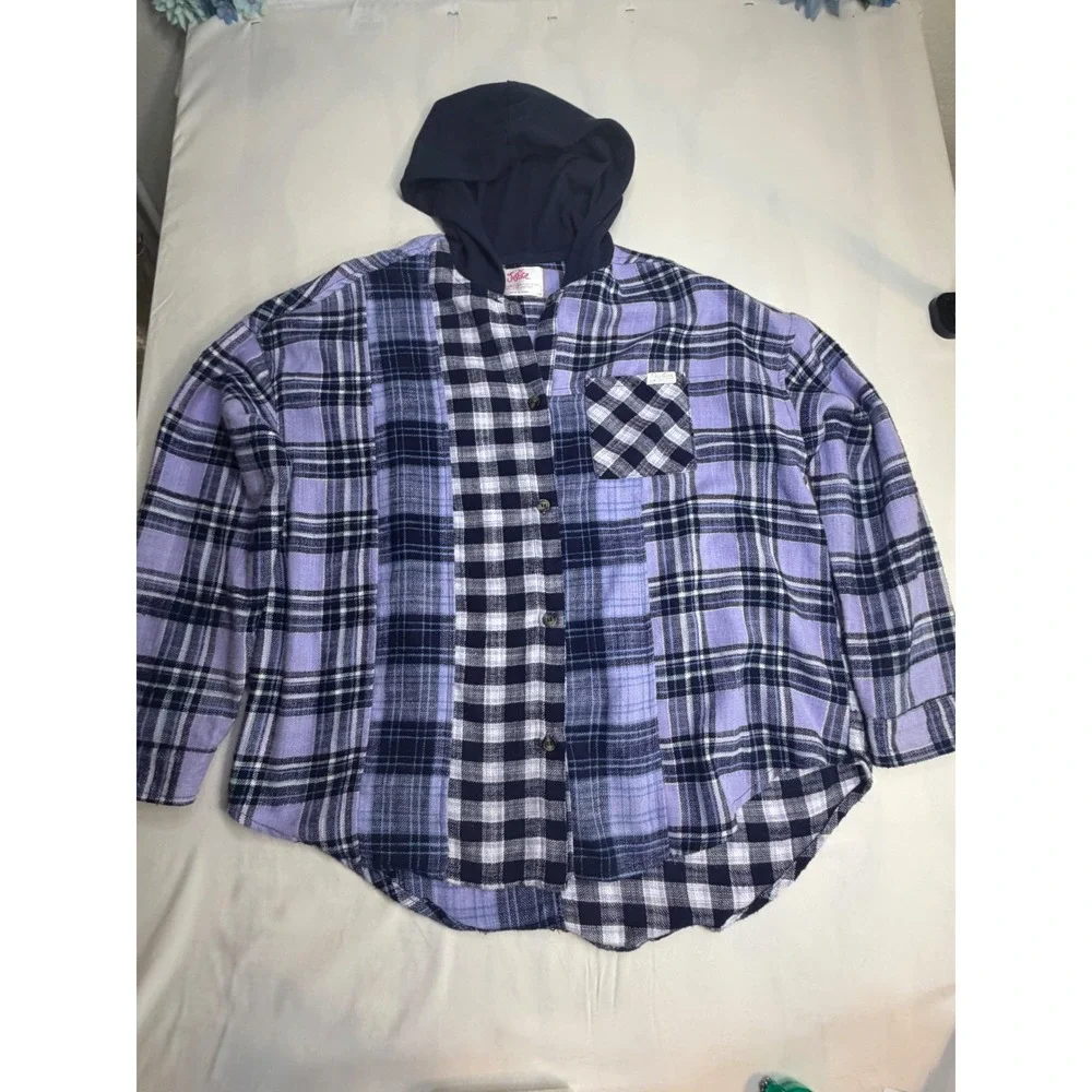 Justice Girls XL Plus Purple Patchwork Plaid Hooded Button Down Shirt 16P 18P